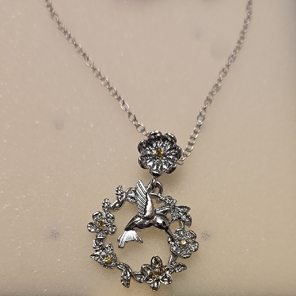Silver Floral Hummingbird Necklace